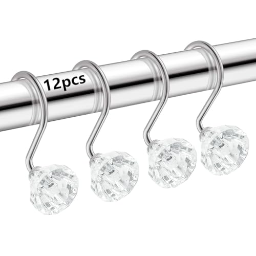 J&V TEXTILES Shower Curtain Hooks Rings, Rust Resistant Metal Double Glide Shower Hooks Rings for Bathroom Shower Rods Curtains, Set of 12 Hooks (Crystal Clear Accent) - color: Crystal Clear Accent