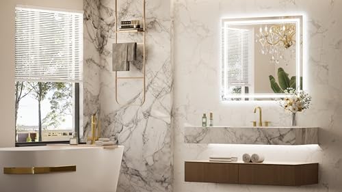 Keonjinn 40” x 36” LED Bathroom Mirror with Lights, Frontlit and Backlit | HD Tempered Glass, Separately Frontlit/Backlit, Double Light Strips, Stepless 3 Colors Temperature & Dimmable, Fast Anti fog - size: 36"L x 40"W