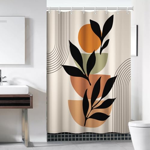Boho Beige Shower Curtain for Bathroom 60x72 Inch | Waterproof Abstract Black Arch and Leaves Shower Curtain Set with Hooks, Mid Century Bathroom Decor - color: Abstract 038, size: 60"W x 72"L (Pack of 1)