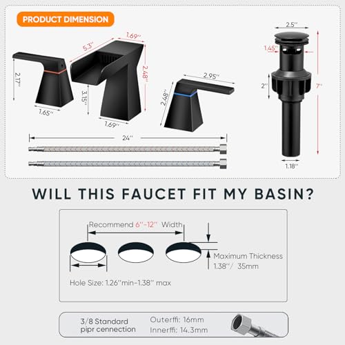 Matte Black Waterfall Bathroom Faucet for 3-Hole Sinks 8 Inch Widespread Vanity Faucet with Sculptural Trapezoid Body, Two Handles, Pop-Up Drain & Hoses - color: A - Matte Black