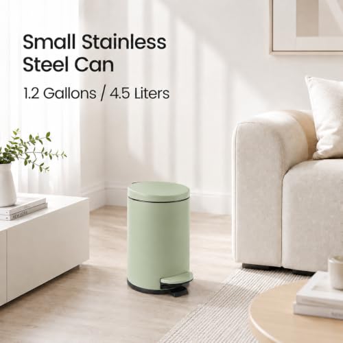 TIPGO Small Bathroom Trash Can with Lid Soft Close, 1.2 Gal, Green | Hands-Free Step Pedal, Removable Inner Bucket, 4.5 Liters, Round Stainless Steel Garbage Can for Bedroom, Office, Kitchen - color: Green