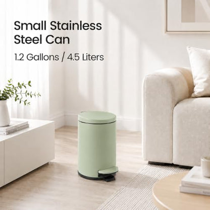 TIPGO Small Bathroom Trash Can with Lid Soft Close, 1.2 Gal, Green | Hands-Free Step Pedal, Removable Inner Bucket, 4.5 Liters, Round Stainless Steel Garbage Can for Bedroom, Office, Kitchen - color: Green