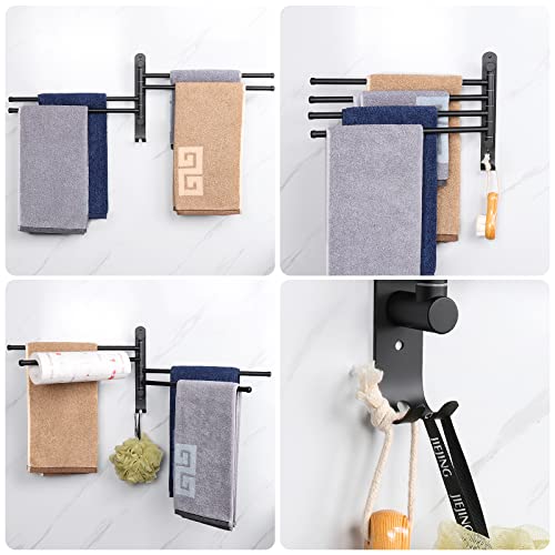 NearMoon Swivel Towel Rack, 13.8" Thicken 304 Stainless Steel 4-Arm Towel Bar, Space Saving Wall Mounted Towel Holder with Hook, Rustproof Swing Out Towel Hanger for Bathroom, Kitchen (Matte Black) - color: Matte Black, size: 13.8 Inch