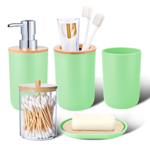 Bathroom Accessories Set 5Piece Green Bathroom Sets, Toothbrush Holder, Toothbrush Cup, Soap Dispenser, Soap Dish and Qtip Holder Bathroom Decor - style: Green