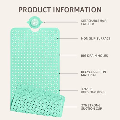 OTHWAY Bath Mat for Tub Non Slip: 39" X 17" Long Bathtub Mat with Hair Catcher│Big Drain Holes Shower Mats for Inside Shower│Machine Washable (Light Green) - color: Light Green