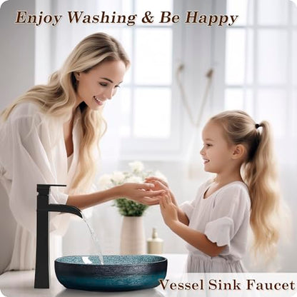 Vessel Sink Faucet Black, 12 Inch Waterfall Tall Bathroom Faucet One Hole with Pop-Up Drain & Pre-Installed Hoses, Single Handle for Bathroom Sink Bowl Deck Mount, Modern, Brass Material - color: Matte Black - Elegant