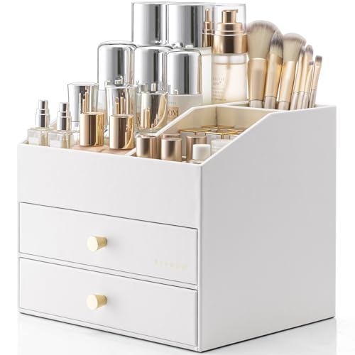 VLANDO 3-Layer Makeup Organizer with 2 Large Drawers for Vanity,White | PU Leather Perfume Organizer with Removable Lipstick Holder,Lotions,Brushes Storage,Home Decor,Gifts Ideas - color: White, size: 3 Layer