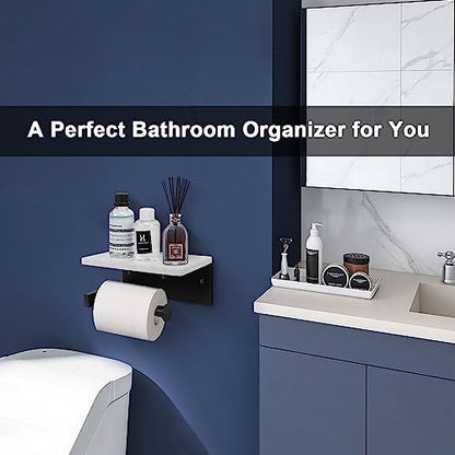 NearMoon Toilet Paper Holder with Shelf, Heavy Duty Bath Toilet Roll Holder with Phone Shelf Tissue Hanger for Bathroom/Kitchen Wall Mounted(Metal & Marble, Matte Black) - color: Matte Black