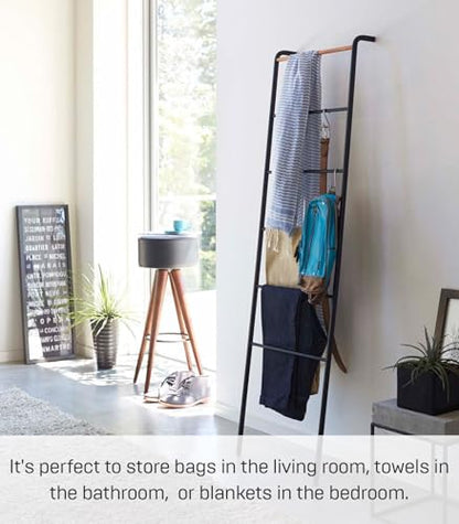 Yamazaki Home Tower Leaning Ladder Rack, Space Saving - Ladder, 63" - Steel | Leaning ladder hanger for bedroom, closet, living room, bathroom storage. Non-slip rubber caps protect floors and walls. - color: Black