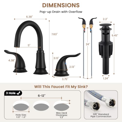 Matte Black Widespread Bathroom Faucet 3 Hole, 8 Inch Bathroom Sink Faucet | Adjustable Sink Faucet Bathroom with Pop-Up Drain & Supply Lines, Dual Handle 360° Swivel Spout, Modern Design