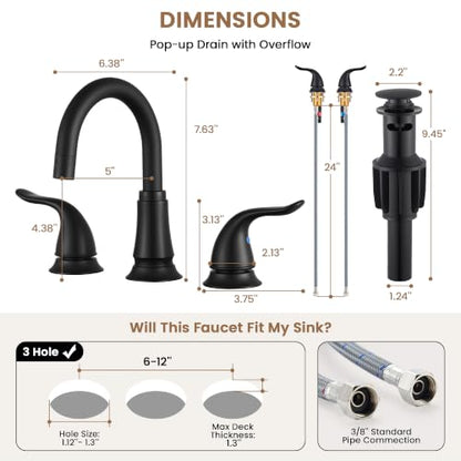 Matte Black Widespread Bathroom Faucet 3 Hole, 8 Inch Bathroom Sink Faucet | Adjustable Sink Faucet Bathroom with Pop-Up Drain & Supply Lines, Dual Handle 360° Swivel Spout, Modern Design