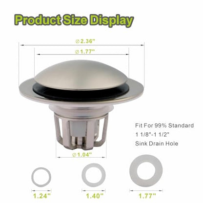 Pop Up Sink Drain Stopper Hair Catcher - Brushed Nickel 1 Pack | Satin nickel strainer replacement, Fits 1-1/8 & 1-1/2 drains, Anti clog hair catcher, Quick pop up seal, Push button gaskets. - color: Brushed Nickel