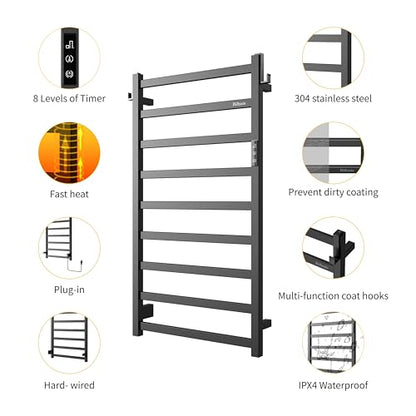 Z&Zhanle Heated Towel Racks for Bathroom, 9-Bar Towel Warmer Rack for Bathroom, Wall Mounted Towel Warmer, Electric Towel Drying Rack with Timer, Carbon Steel Matte Black, Plug-in/Hard-Wired