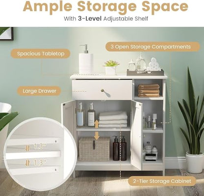 GOFLAME Bathroom Cabinet, 29.5" x 12" x 31.5" Floor Storage Cabinet with 1 Drawer, 3 Open Compartments, Adjustable Shelves, White