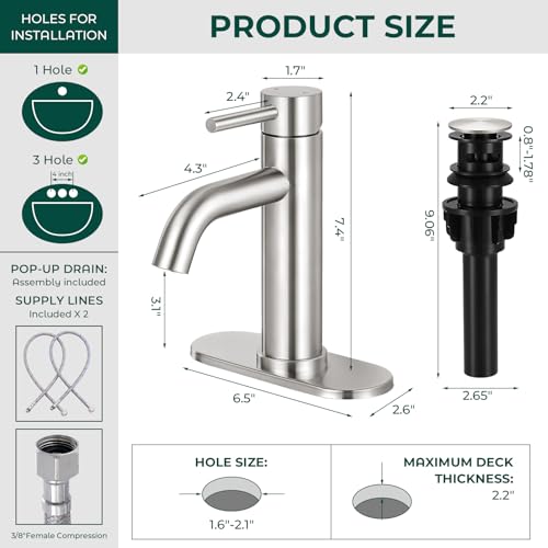 Bathroom Faucet, Single Handle Vanity Sink Faucet, Brushed Nickel | Brushed Nickel, for 1/3-Hole, Stainless Steel, Ceramic Cartridge, Pop-Up Drain, Deck Plate, For Vanity Powder Laundry - color: Brushed Nickel