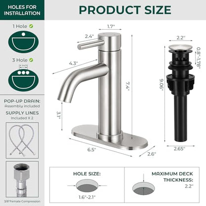 Bathroom Faucet, Single Handle Vanity Sink Faucet, Brushed Nickel | Brushed Nickel, for 1/3-Hole, Stainless Steel, Ceramic Cartridge, Pop-Up Drain, Deck Plate, For Vanity Powder Laundry - color: Brushed Nickel