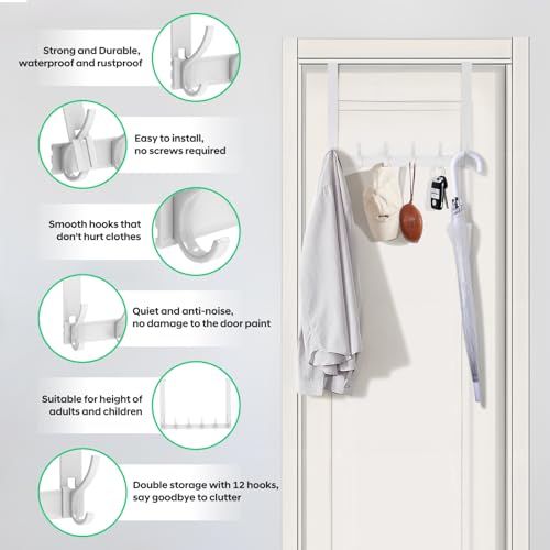 2 Pack Over The Door Hooks - NO NAIL over door hanger holder,NO ASSEMBLY REQUIRED large over the door towel rack with 12 hooks, heavy duty hooks for bathroom,bedroom,hanging towels,coats (White)