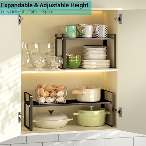 2 Pack Expandable Cabinet Organizer Shelves, 88lbs High Weight Capacity, Stackable Heavy-Duty Metal Storage Rack, Adjustable Cabinet Shelf for Kitchen, Pantry, Cupboard, Under Sink, Black - color: Black