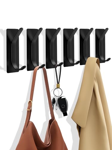 6 Pack Heavy Duty Adhesive Hooks, No Drill Self-Adhesive Wall Hook for Hanging, Sturdy Metal Door Hanger Towel Hook for Bathroom, Shower, Kitchen (Black) - color: Black
