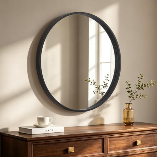 HOMECOOKIN Round Wood Mirror 32 inch Circle Mirror, Rustic Farmhouse Wooden Framed Decorative Wall Decor, Vanity Wall Mirror for Bathroom, Bedroom, Entryway, Living Room (Black) - color: Black, size: 32"L x 32"W