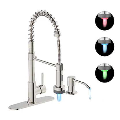 Kitchen Faucet with LED Light,Kitchen Faucet with Soap Dispenser,Faucet for Camper Farmhouse RV Kitchen Sink,Single Handle Stainless Steel Kitchen Sink Faucets with Pull Down Sprayer,Nickel Brushed - color: B-Brushed Nickel, style: Rustic