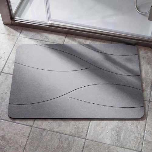 GarveeLife Quick Dry Diatomaceous Earth Bath Mat - Non-Slip Stone Surface - Highly Absorbent Hard Floor Rug - Abstract Wave Design for Bathroom, Kitchen, Pet Area, 39x60cm - Color: Ripple - color: Gray2
