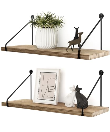 Afuly Rustic Floating Shelves for Wall, Wood Shelf with Brackets, Set of 2 | Solid Wood and Metal, Hanging Bookshelf, Plants Photos Display, for Bathroom, Kitchen, Living Room, Bedroom, Home Decor - color: Brown & Black, size: 5.7"D x 16.5"W