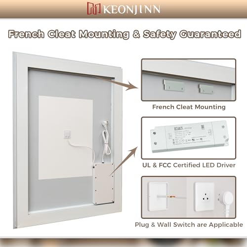 Keonjinn 30 x 36 Inch LED Bathroom Mirror with Lights, Frontlit and Backlit | HD Tempered Glass, Separately Frontlit/Backlit, Double Light Strips, Stepless 3 Colors Temperature & Dimmable, Fast Anti fog - size: 36"L x 30"W