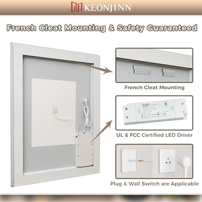 Keonjinn 30 x 36 Inch LED Bathroom Mirror with Lights, Frontlit and Backlit | HD Tempered Glass, Separately Frontlit/Backlit, Double Light Strips, Stepless 3 Colors Temperature & Dimmable, Fast Anti fog - size: 36"L x 30"W