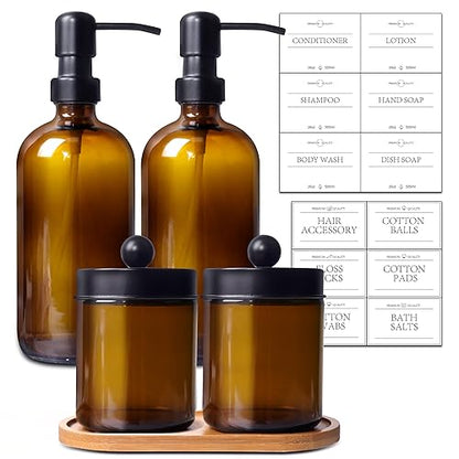 Glass Bathroom Accessory 5 Pcs | 2 Pcs 16oz Amber Soap Dispensers with Stainless Steel Pumps, 2 Pcs Qtip Holder Dispensers with Labels & Bamboo Tray