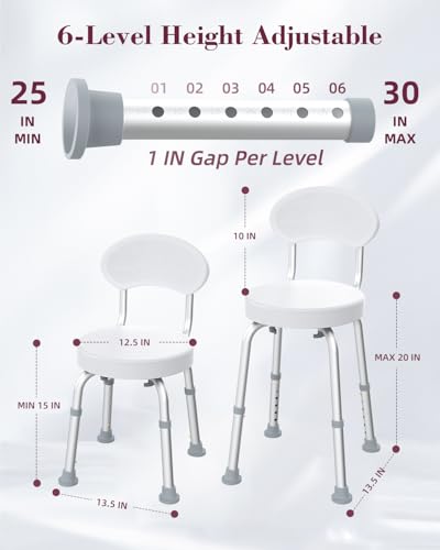 Swivel Shower Chair, 360° Non-Slip Shower Seat with Backrest for Elderly and Disabled, Height Adjustable Rotating Tub Bench for Seniors Bathroom Inside Shower with Compact Frame (White) - color: White