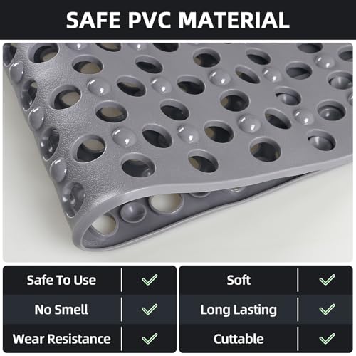 Shower Mat Non Slip: 35.4" x 23.6" Large PVC Heavy Shower Mats for Inside Shower - Quick Dry Shower Foot Scrubber Matt with Drain Hole and Suction Cups for Elderly - color: Grey