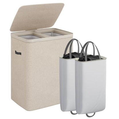 CASAMAYA Laundry Basket with Lid, Laundry Hamper 2 Section, 170L collapsible Laundry Organizer, Easy Assembly, with Handles and Removable Liners, 22 x 15.7 x 29.5 Inches, Beige JSP903M - color: Beige, size: 170L(2-Section)
