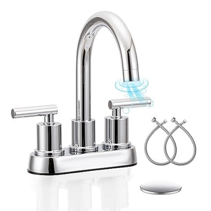 VXV Bathroom Faucet 4 Inch 2 Handle Centerset Sink Faucet 360 Swivel Spout with Pop-up Drain Chrome - color: Chrome