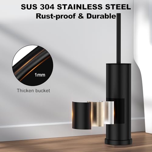 Black Toilet Brush and Holder Set，Stainless Steel Heavy Duty Toilet Bowl Brush，Extra Long Handled Modern Toilet Cleaner Brush with Replaceable Head, Removable Inner Bowl, and Splash Protection - color: Black, size: 1 Pack