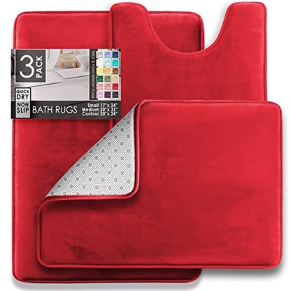 Clara Clark 3 Piece Bathroom Rugs Bath Mat Set, Velvet Memory Foam Bath Mats for Bathroom - Non-Slip, PVC Backing Bath Rugs, Washable - Dries Quickly, Burgundy - color: Red