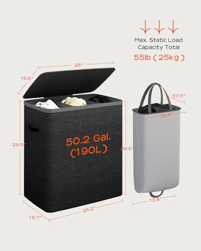 CASAMAYA Laundry Basket with Lid, Laundry Hamper 3 Section, 190L collapsible Laundry Organizer, Easy Assembly,with Handles and Removable Liners, 25.2 x 15.7 x 29.5 Inches, Black JSP904B - color: Black, size: 190L(3-Section)