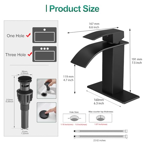 VOTON Black Bathroom Faucets Modern Waterfall Bathroom Sink Faucet Matte Black Single Handle Bathroom Faucet for 1 or 3 Holes with Deck Plate and Pop-Up Drain, Rv Sink Camper Farmhouse Bathroom Faucet - color: Black