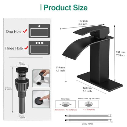 VOTON Black Bathroom Faucets Modern Waterfall Bathroom Sink Faucet Matte Black Single Handle Bathroom Faucet for 1 or 3 Holes with Deck Plate and Pop-Up Drain, Rv Sink Camper Farmhouse Bathroom Faucet - color: Black
