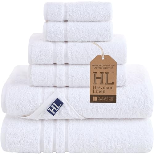 Hawmam Linen White 6 Piece Bath Towels Set for Bathroom Original Turkish Cotton Soft, Absorbent and Premium 2 Bath Towels, 2 Hand Towels, 2 Washcloths - color: White, size: 6 Piece Towel Set (2 Bath, 2 Hand, 2 Wash)