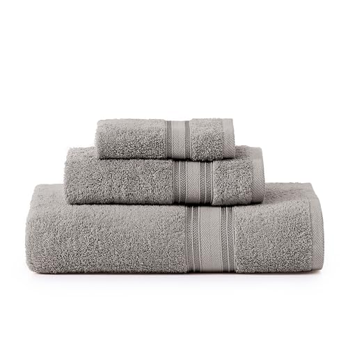 LANE LINEN Bath Towel Set 100% Cotton 3 Piece Soft Absorbent - Grey | Shower Towels - Generously Sized, Oversized & Roomy, Lightweight & Breathable, Fade-Resistant Color, Classic Terry Weave - color: 01: Space Grey, size: 3 Piece Towel Set