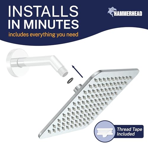 HammerHead Showers® SOLID METAL 8 Inch Square Rainfall Shower Head – CHROME - Shower Head Rainfall - 2.5 GPM High Flow Shower Head Optimized for Pressure – Large Square Rain Shower Heads - color: Chrome