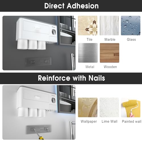 iHave Toothbrush Holders Wall Mounted with Toothpaste Dispenser & 3 Cups | All-in-One Bathroom Organizer: 3 Cups, 6 Slots, Toothpaste Dispenser, Large Tray & Drawer. Wall Mount, No Drilling Required - color: White, size: 3 cup