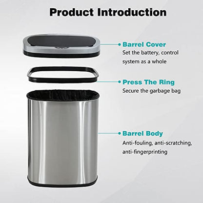 PayLessHere 13 Gallon / 50 Liter Trash Can Stainless Steel Touchless Trash Bin Oval Shape Office Waste Bin for Kitchen Bathroom Bedroom Living Room with Lid Powered by Batteries (not Included)