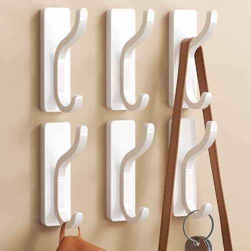 Adhesive Wall Hooks for Towel/Coat,13Lb Strong Stick-On Hooks, White 6 Pack | Hooks for Walls No Damage, Hooks Hanging Heavy Duty, Peel and Stick Hooks for Closet, Door, Bathroom, for Purse, Bag, Cloth - color: White, size: 6 Pack