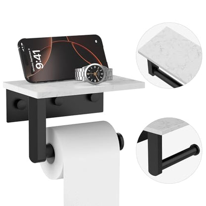 Matte Black Toilet Paper Holder with Marble Shelf Tissue Roll Holder | 304 Stainless Steel Wall Mounted Toilet Paper Roll Holder Screw-Mounted Tissue Holder for Bathroom Washroom by BATHLAVISH - color: Matte Black