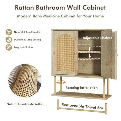 RUSTOWN Rattan Bathroom Wall Cabinet, Modern Boho Medicine Cabinets, Medium | 2 Arched Rattan Doors, Adjustable Shelf, Towel Bar Rack, Over The Toilet Storage Cabinet for Bathroom, Living Room, Kitchen - size: Medium