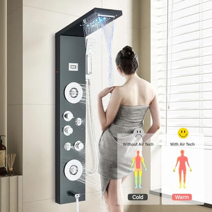 FUZ Shower Panel Tower System, Stainless Steel 6 Functions Shower Panel System with LED Fancy Rain Shower Head and Handheld, Adujstable Rain Massage Body Jets and Tub Spout, Matte Black Shower Tower - color: Black, style: 8039-B