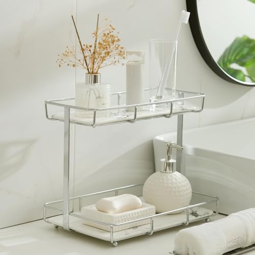 Bathroom Organizer Countertop Perfume Organizer Makeup Organizer Cosmetics Storage Display Rack Vanity Tray Dresser Stainless Steel Gold Shelf White Marble Ceramic Tray (2 Tier L-Sliver) | Perfume Organizer - color: 2 Tier L-sliver