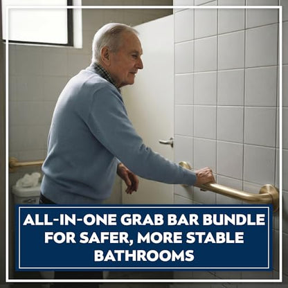 Shower Grab Bars 4 Pack – Complete Bathroom Safety Starter Bundle for Seniors – 16", 18", 24", 32" Lengths, 1.25" Diameter, 500 lb Rated – All-in-One Grab Bar Shower Safety Solution – Brushed Brass - color: Brushed Brass
